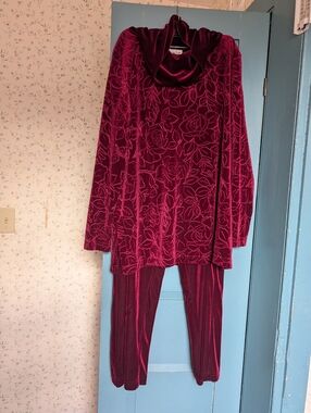 ♥️ Coldwater Creek L Set Velour Floral Loungewear Burgundy Holidays